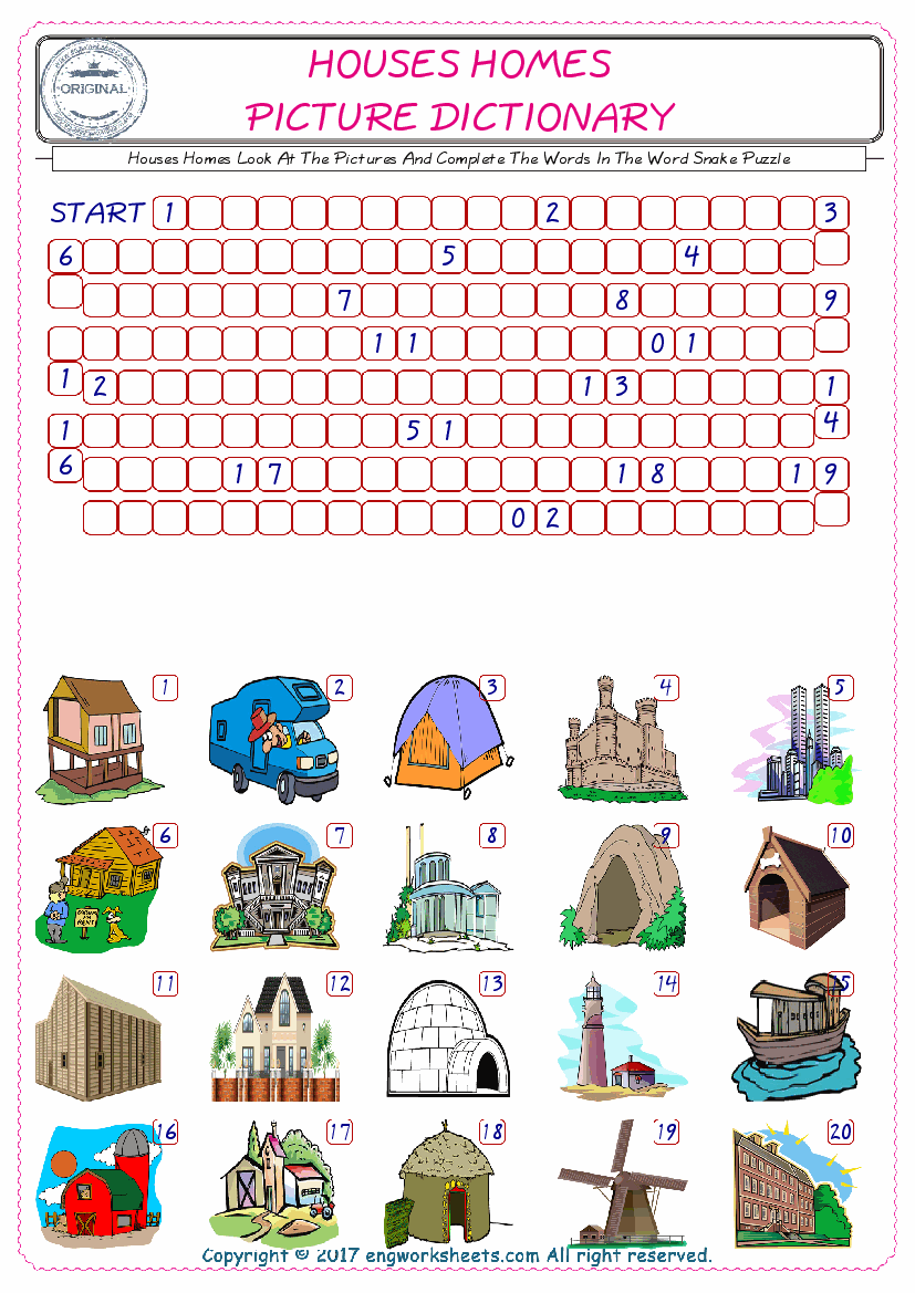  Check the Illustrations of Houses Homes english worksheets for kids, and Supply the Missing Words in the Word Snake Puzzle ESL play. 